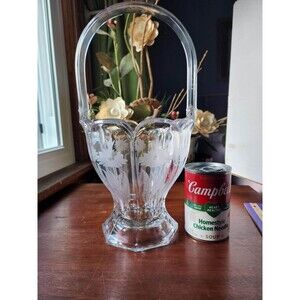 Antique Heisey Crystal Basket  13 in tall Heavy glass floral etching